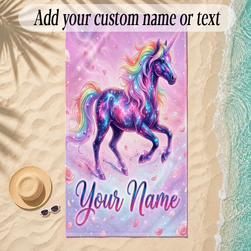 Unicorn Theme Soft Beach Towel Personalized Custom Name Text Towel Portable for Beach Pool Travel