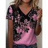Summer V-neck Flower Pattern 3D Printed Top Fashionable Casual Short Sleeved Women's T-shirts
