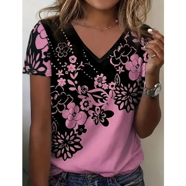 Summer V-neck Flower Pattern 3D Printed Top Fashionable Casual Short Sleeved Women's T-shirts