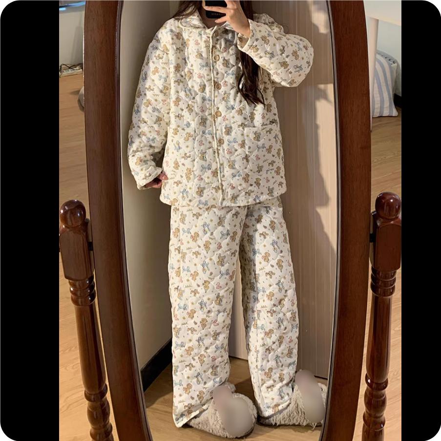 Air Quilted Pajamas Women's Winter Cute Puppy Cardigan Long-sleeved Thick Warm Home Service Suit Autumn and Winter