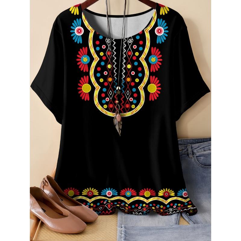 2026 Trend Summer Ethnic Graphic Print T-Shirt Round Neck Comfortable Short Sleeve Tshirt Oversized Tees Tops Women's Clothing
