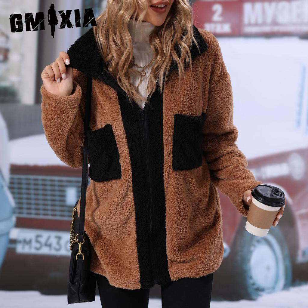 GMXIA Fashion Autumn Women's Lapel Long-sleeved Two-tone Double-sided Fleece Mid-length Loose Casual Coat