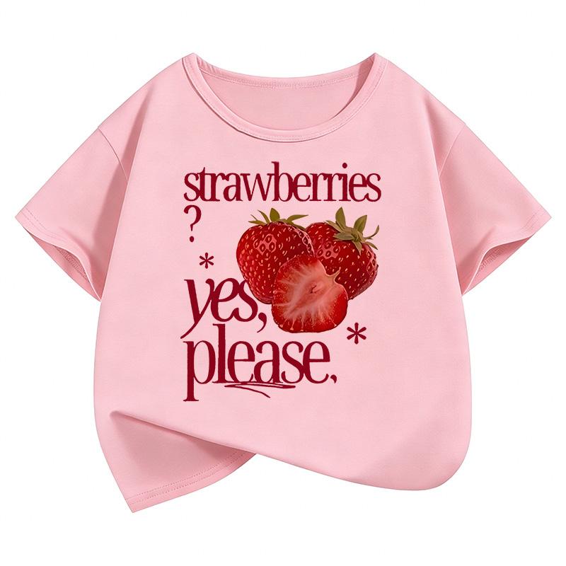 T-shirt Estiva con Fantasia di Fragole per Bambini, Manica Corta, Abbigliamento per Ragazzi e Ragazze, Top Carino