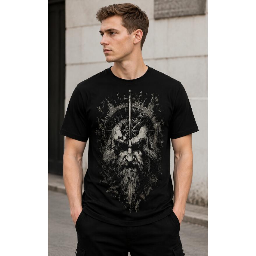 Men's Viking Odin Graphic T-Shirt with Sword & Rune Design, Short Sleeve Crew Neck Soft Cotton Tee for Casual Wear and Mythology Fans