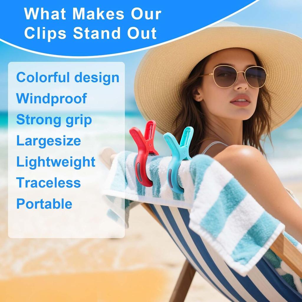 Large Beach Towel Clips for Beach Chair, Heavy-Duty Plastic Clothes P, Towel Clips for Beach Chairs Cruise-Keep Your Towel from Blowing Away,