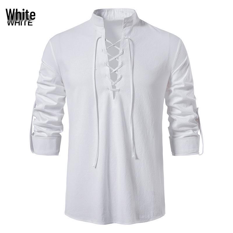 2026 Men's Cotton Henley Hippie Casual Beach Long Sleeve Stand-Up Collar Shirt A275