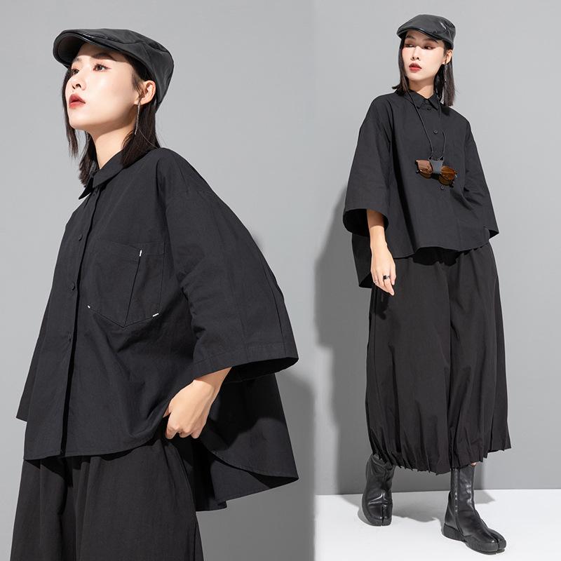 Women's Dark Chinese Style Irregular Mid-Sleeve Loose Top