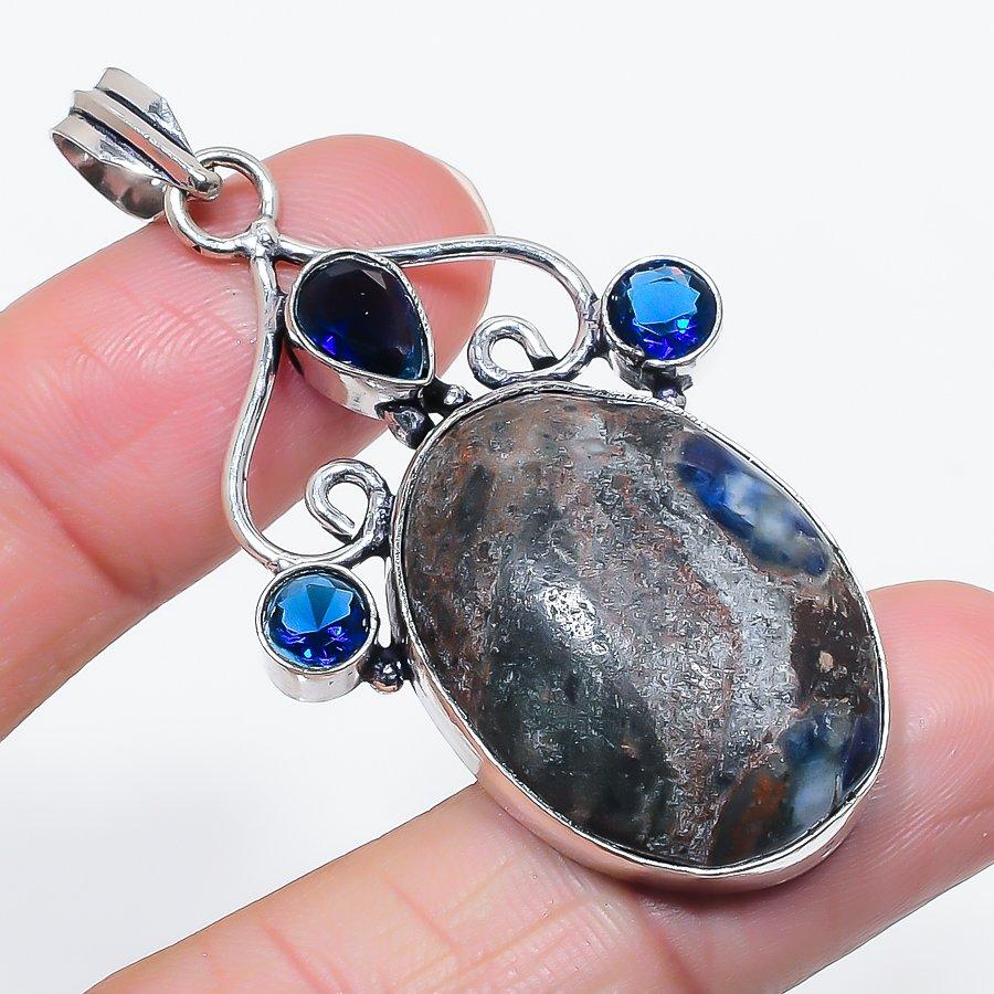 Natural Sodalite, Topaz Gemstone 925 Sterling Silver Jewelry Pendant 2.44" r7R56