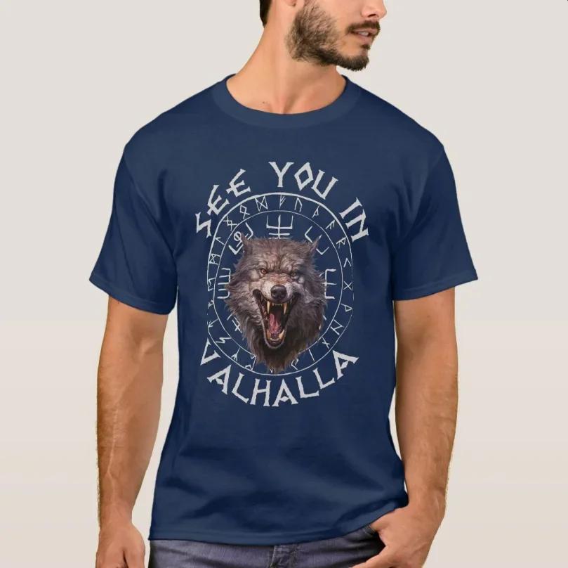 Norse Myth Rune Wolf See You in Valhalla Nordic Warrior TShirt 100 Cotton ONeck Short Sleeve Casual Mens Tshirt Size S3XL