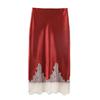 2025 Autumn European Style Women's Satin Feel Skirt with Lace Trim