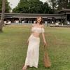 Seaside Vacation Two-piece Suit Women's Summer Sexy One-word Shoulder Tube Top White High-waisted Skirt