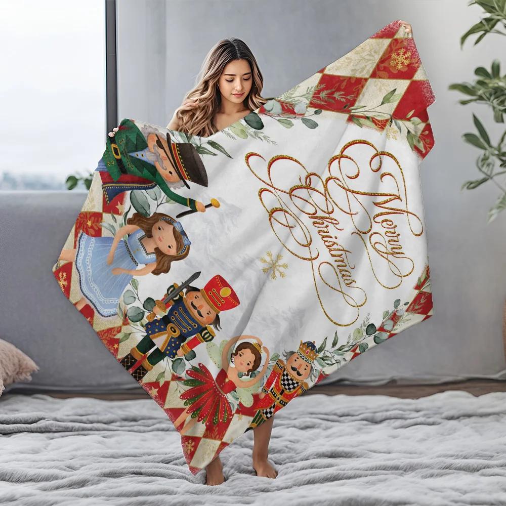 Nutcracker Ballet Christmas Fleece Blanket, Golden Merry Christmas Script with Character Collection, Classic Holiday Throw