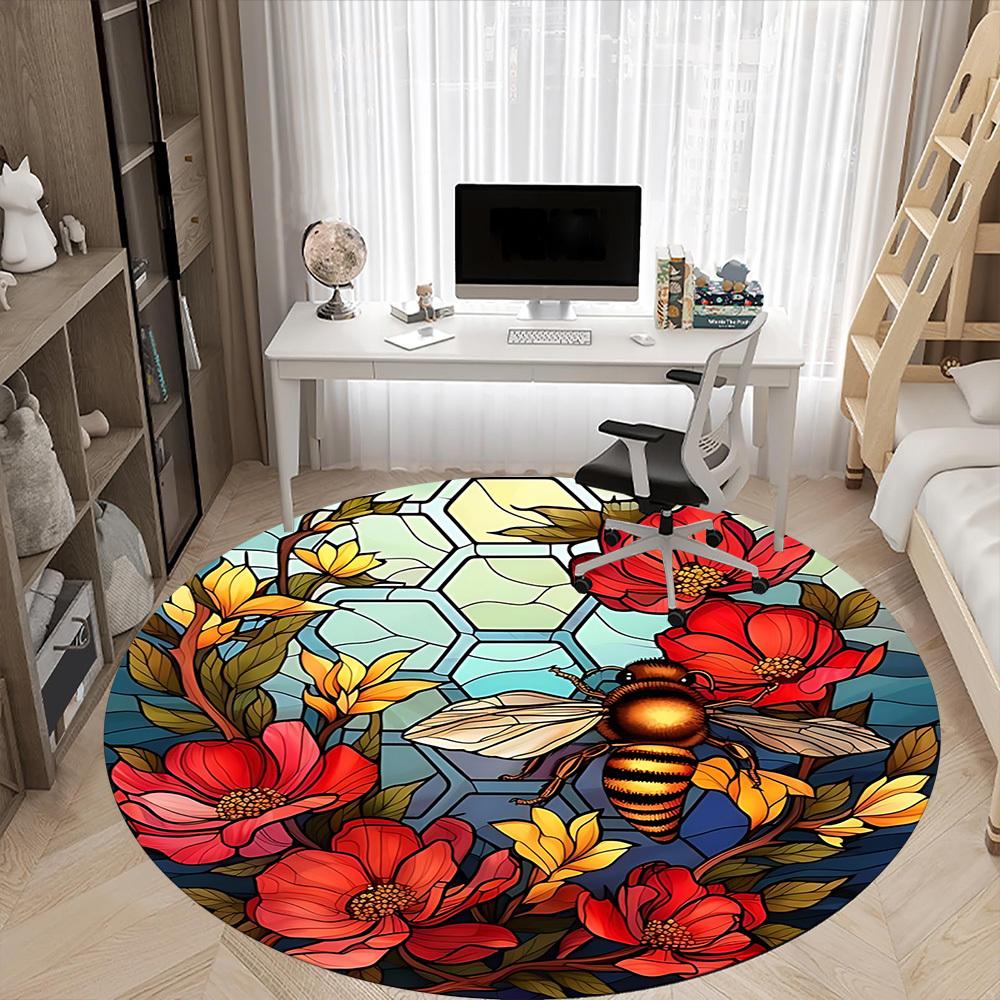 1pc Bee Garden Office Round Area Rug, Under Office Chairs Bedroom Living Room Home Decor, Room Deco