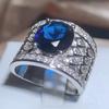 Hollow Blue Zircon Wedding Ring for Women Water Drop Net Shape Micro-inlaid Simulation Simple Jewelry Full Drill Engagement Ring