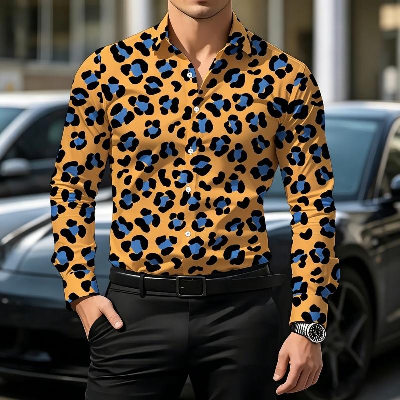 Retro Style Gradient Leopard Print Men's Shirt with Contrasting Print, Slim Fit Long Sleeved, Personalized Street Fashion Shirt