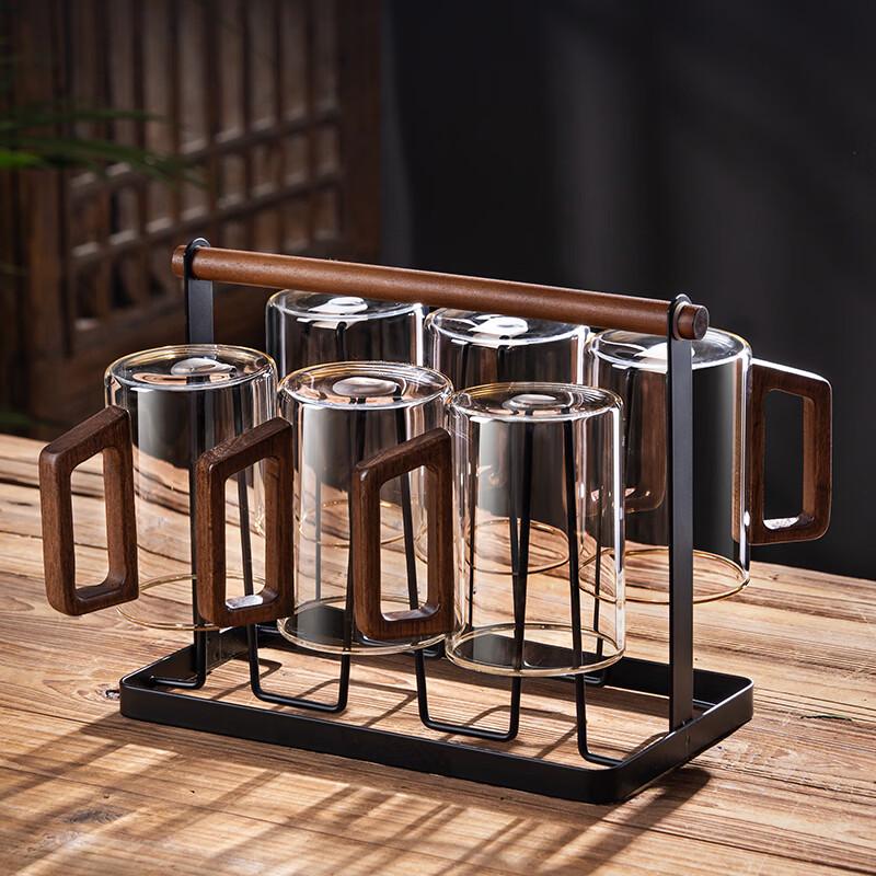 Handon 310ml Glass Cup Set with Walnut Handles and Black Holder