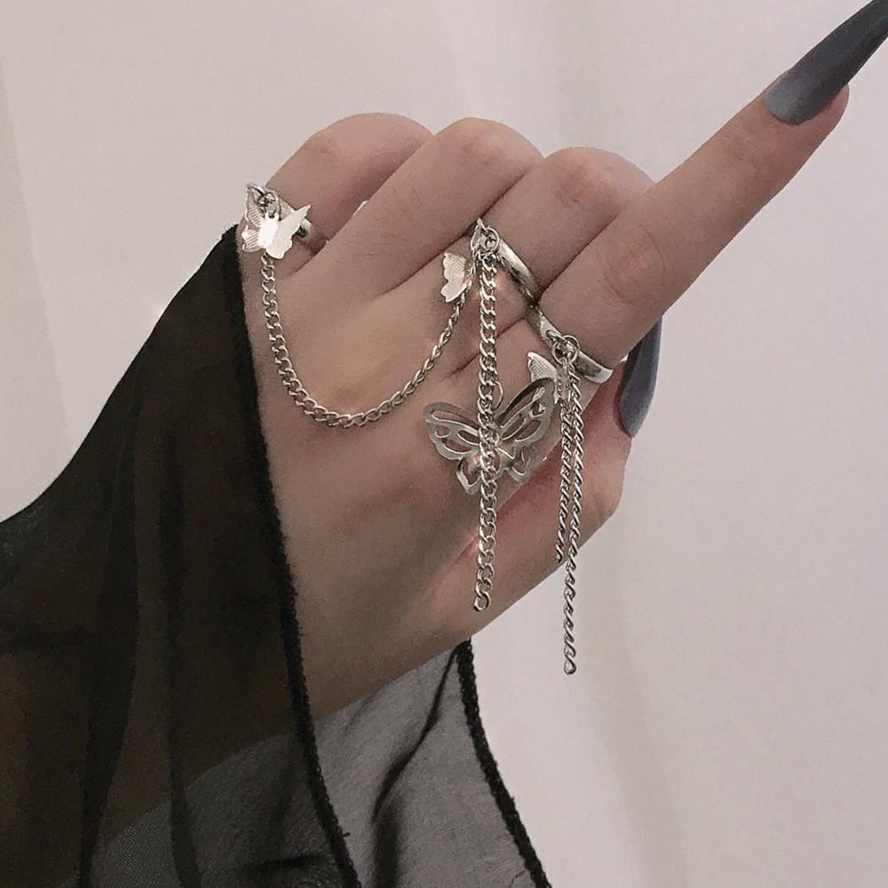 Butterfly Pendant Tassel Chain Adjustable Open Finger Ring