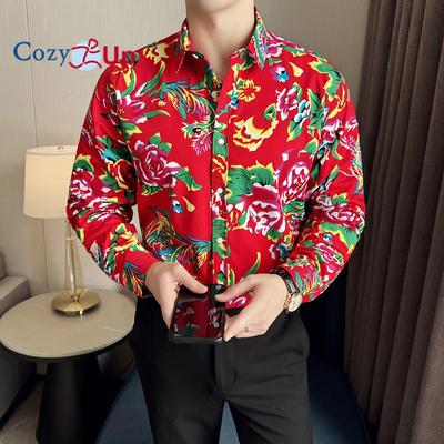 Cozy Up Erkek Şakayık Çiçek Düğme Aşağı Uzun Kollu Baskılı Tropikal Plaj Gömlek 8XL