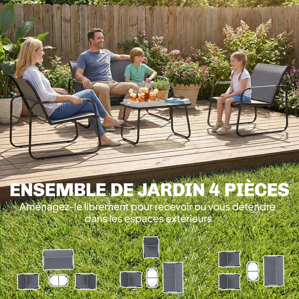 Garden Furniture Set, 4-Piece, Steel and Textilene, Braided Rope Armrests, Grey