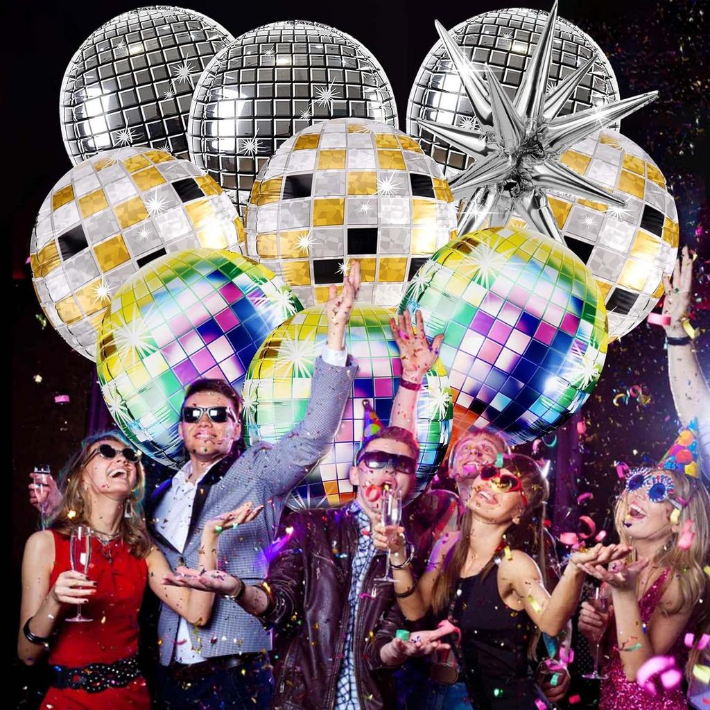 12PCS Disco Retro Balloon Set 80s and 90s Silver Colorful Lantern Ball Combination Birthday Party Decoration Supplies 4D Balloon