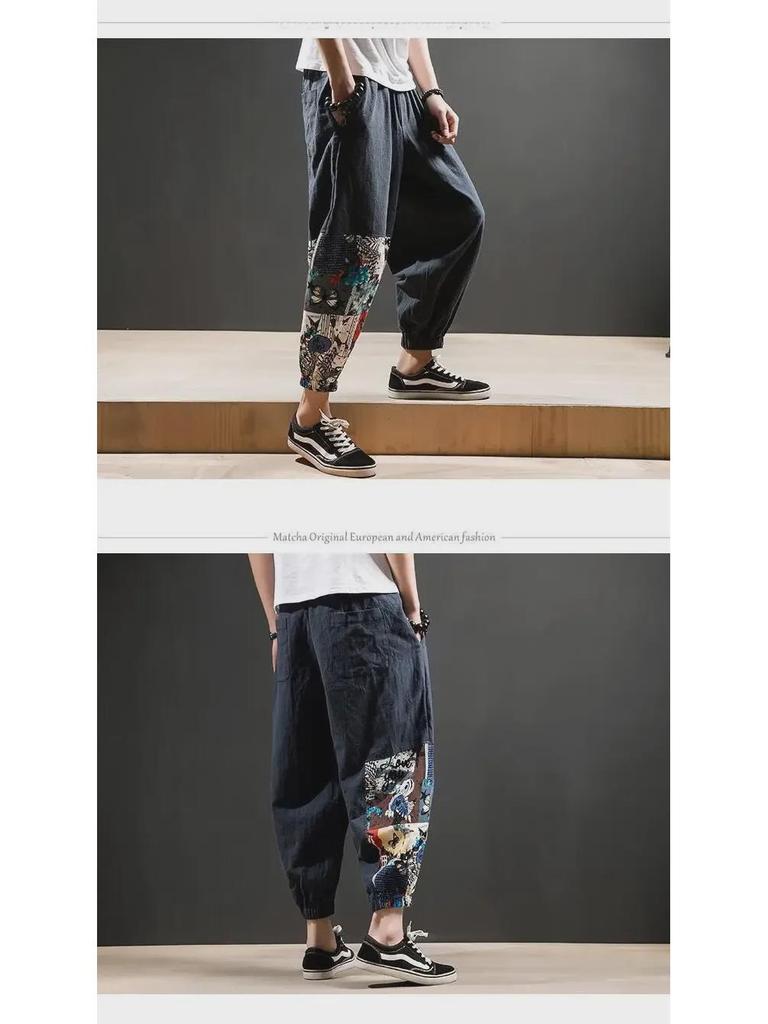 Pánské volné lněné kalhoty v čínském stylu - letní trendy, plus size, devítibodová délka