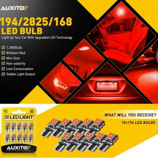 Red T10 Door Parking LED Light Gauge Bulb Dash Lamp Cluster W5W 168 194 T10 10X