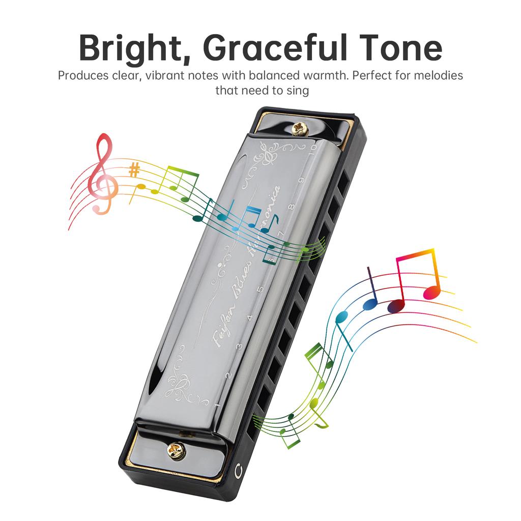 10 Holes KeyC Blues Harmonica Beginner Gifts Brass Reed Plate Black Mouth Organ 20 Tunes