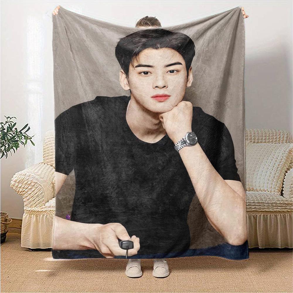 1Pc Cha Eun-woo Print Blanket Soft Comfortable Polyester Throw Blanket Allseason Use Perfect Bedroom Office Outdoor Ideal Christmas Gift Choice Print 