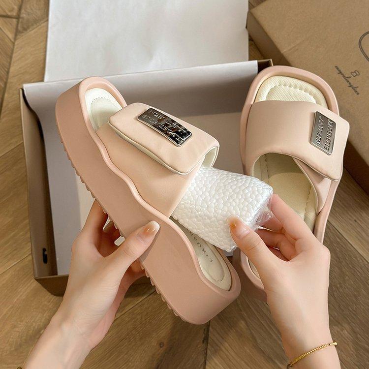Ziyan~ Pink heightened thick-soled one-word slippers for women's outer wear 2025 summer new high-end non-slip and cool slippers