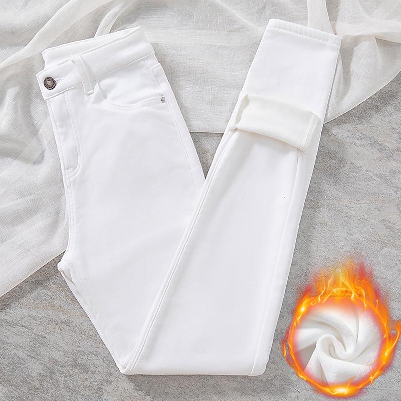 

High-Waisted White Fleece-Lined Skinny Jeans for Women - Autumn/Winter 2025, Warm, Elastic, Slimming, Thickened Pencil Pants 28