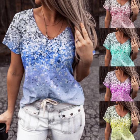 

Повседневная футболка с градиентной цифровой печатью и коротким рукавом, женская свободная блузка с V-образным вырезом для вечеринки