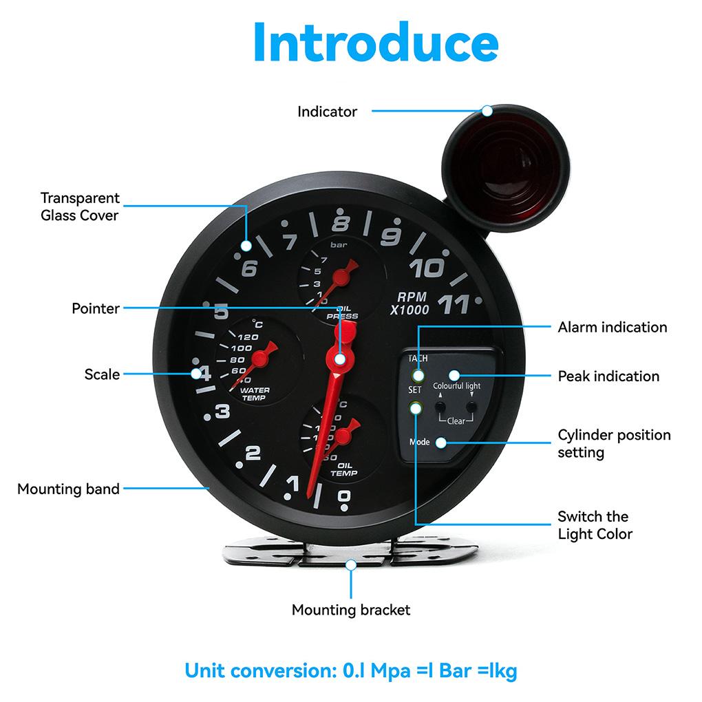 12V 5" Car Gauge 4-in-1 Tachometer Water Temperature Oil Temperature Oil Pressure Gauges Multifunctional Gauge Alarm Function