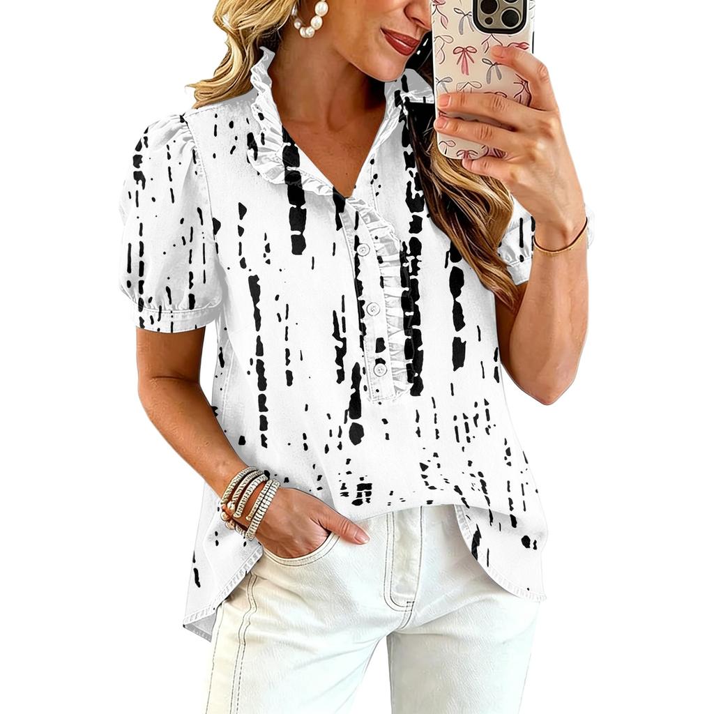 Women's Fashion Casual Ruffle V-Neck Print Blouse for Summer