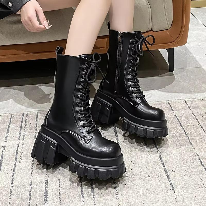 9CM Klobige Plateau Stiefeletten Damen 2025 Neu Herbst Winter Motorradstiefel Frau Dicke Sohle Rutschfest Leder Kampfstiefel