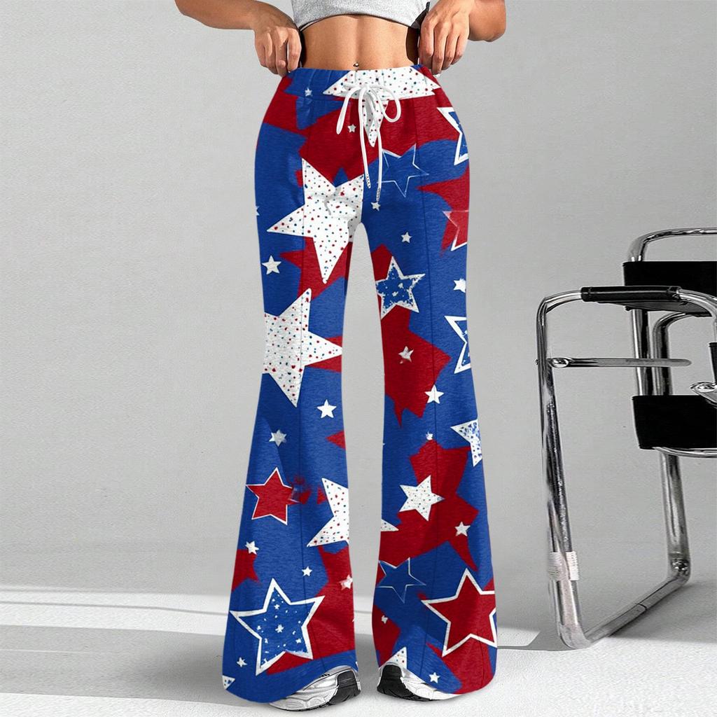 Women's Fashion Loose Drawstring Tight Waist Independence Day Printed Casual Sports Pants Casual Flared Pants