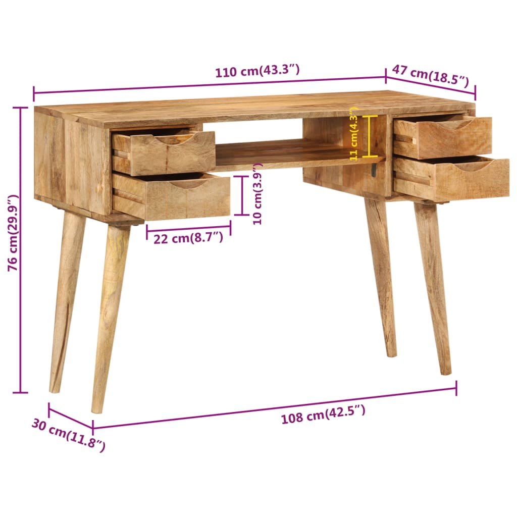 Desk with Drawers 110 X 47 X 76 Cm Solid Mango Wood