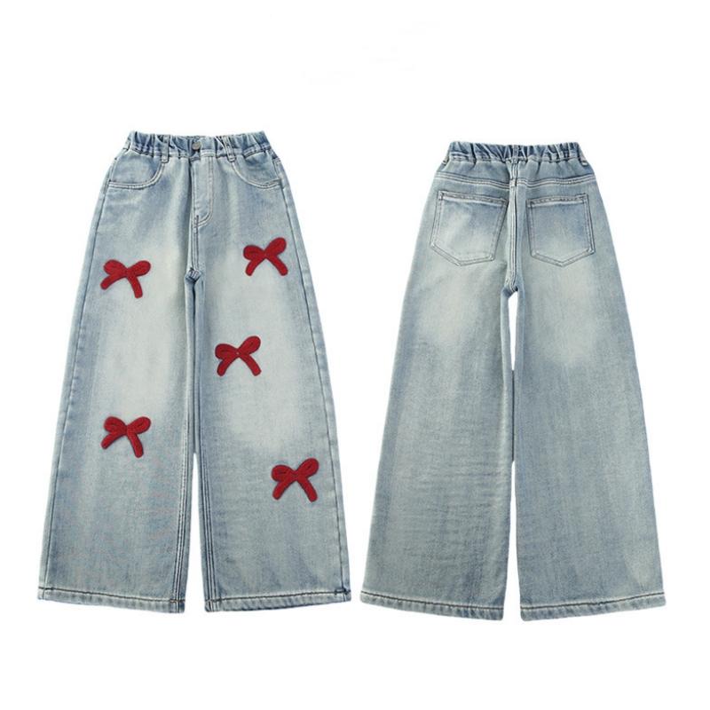 Girls School Straight Leg Pants With Bowknot Design Casual Loose Kids Fashion Long Jeans Children Korean Style Trousers