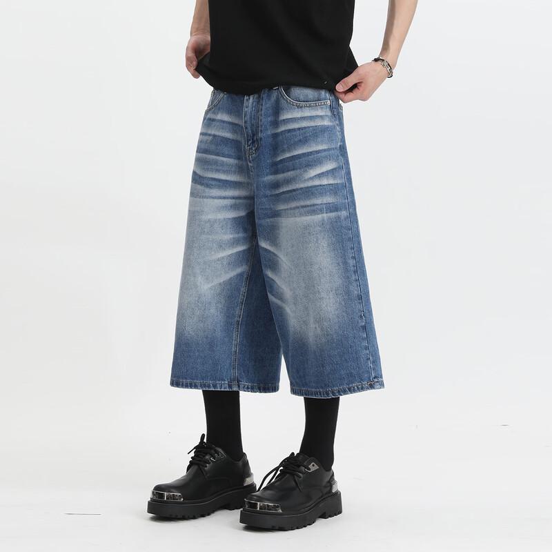 VOGUO RELAY Korean Style Washed Distressed Wide-Leg Straight 3/4 Length Denim Shorts S