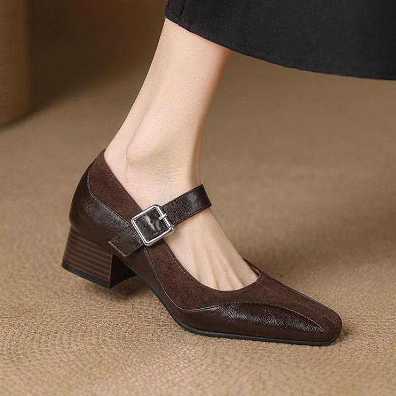 

New women s fashion single shoes square head buckle medium heel large size shoes rubber sole women s shoes square heel four seasons wear small leat 39