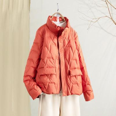 Winter Pure Color Pressing Zipper Stand Up Collar White Duck Down Jacket Women's Coat