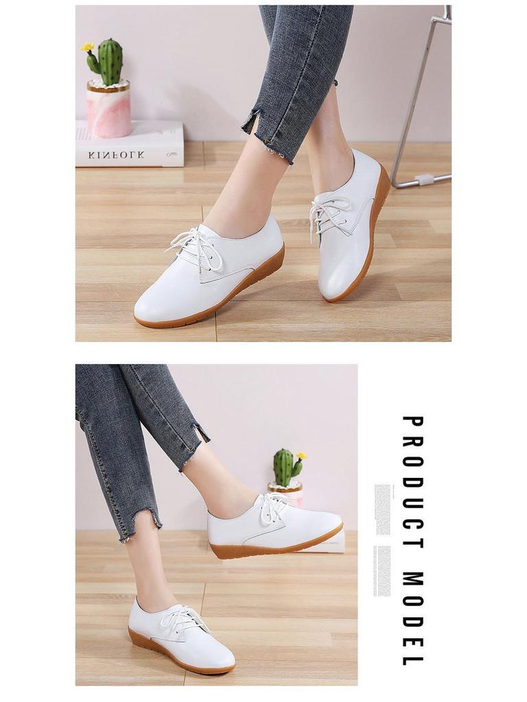 Women's White Lace-up Round Toe Non-slip Genuine Leather Flat Shoes - Casual & Versatile Korean Style