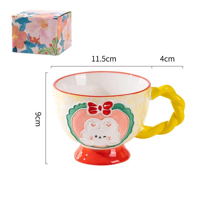 Cute Ceramic Mug Hand-painted Embossed Breakfast Cup 450ML Home Oatmeal Cups Breakfast Mugs Creative Milk Cups Coffee Cups