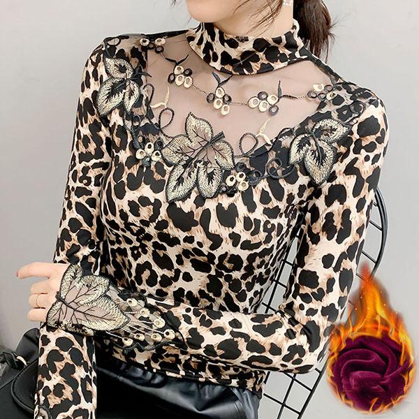 Women's Autumn and Winter Plush Leopard Print Bottom Shirt Large Size Long Sleeve Lace Embroidered Top