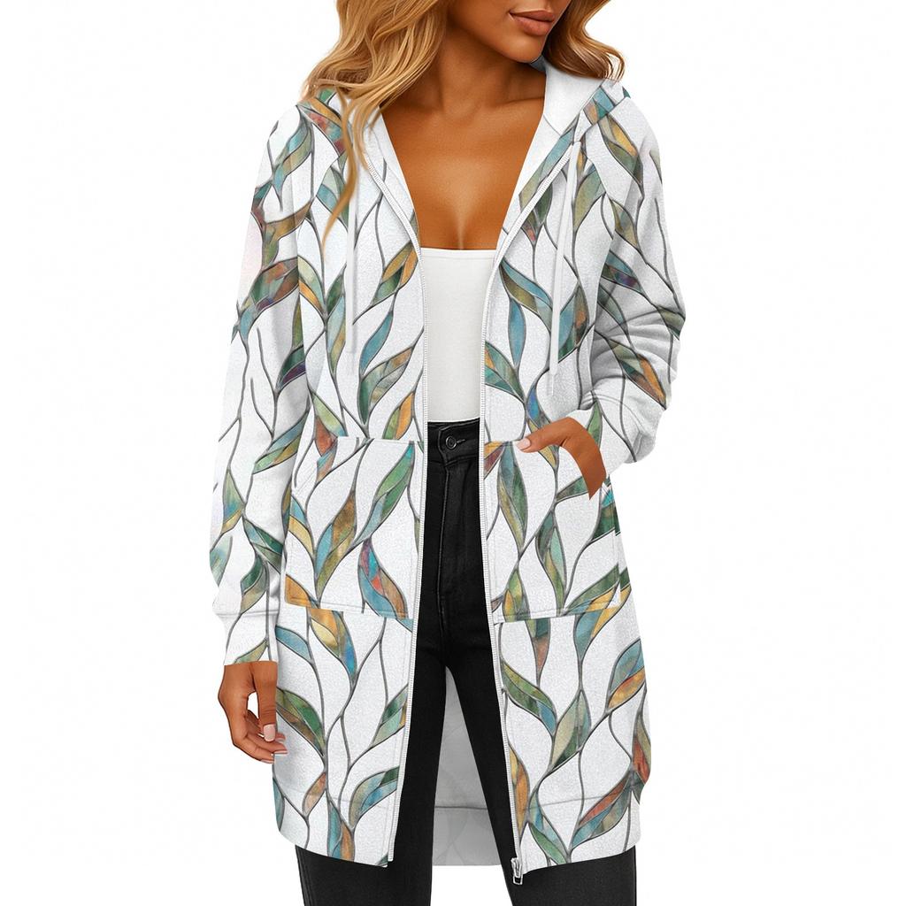 Women's Fashionable Printed  Long Sleeved Drawstring Hooded Zipper Pocket Long Casual Sweatshirt Jacket
