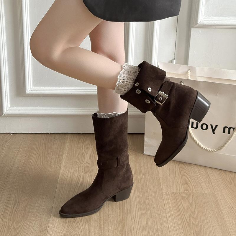 Retro belt buckle pointed middle boots thick heel autumn and winter fashion thick sole, thin and high casual western cowboy boots