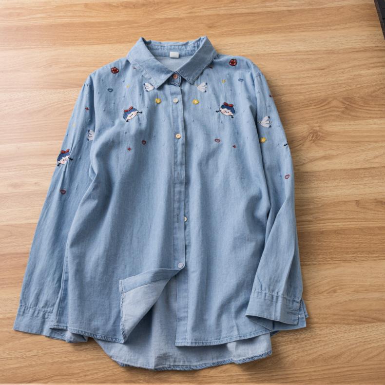 Haftowana koszula z długim rękawem z spranego dżinsu, damska, wiosenna i jesienna, uroczy jednorzędowy kardigan z dżinsu