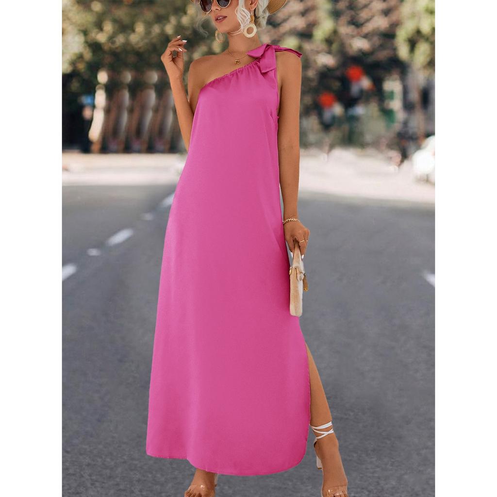 QICED Frühling Sommer Einfarbiges Drucken Ärmelloses Kleid mit Einer Schulter und schrägen Trägern