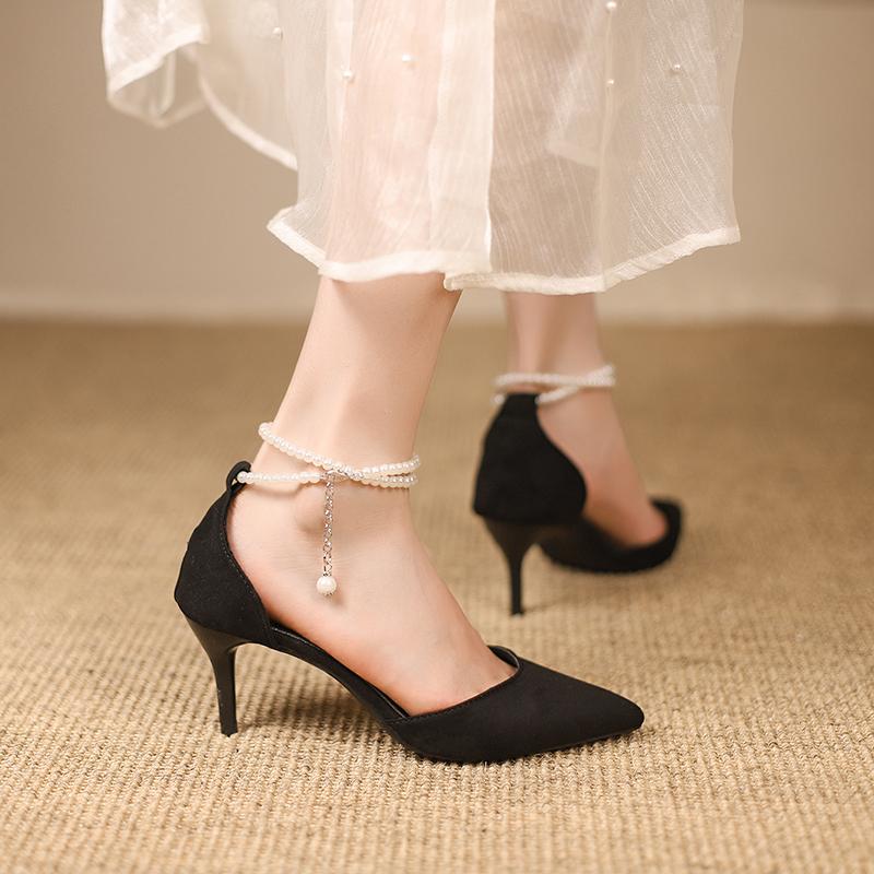 Women's High Heels New Sexy Women's Single Shoes Pointed Toe Pearl Ankle Buckle Black 7cm 9cm Heeled Pumps for Women