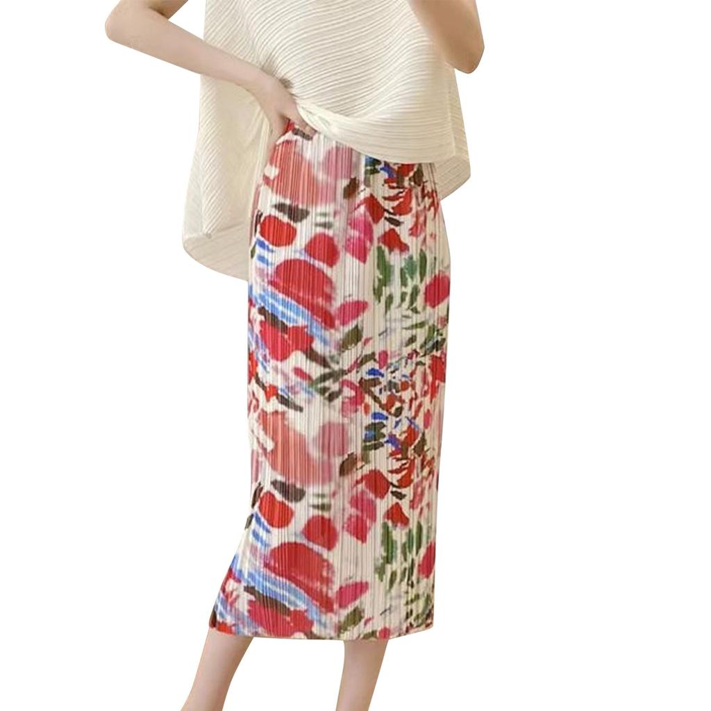 Ladies' Fashionable Midi Skirt With Pleated Print And Elastic Waist, Mid Length Skirt