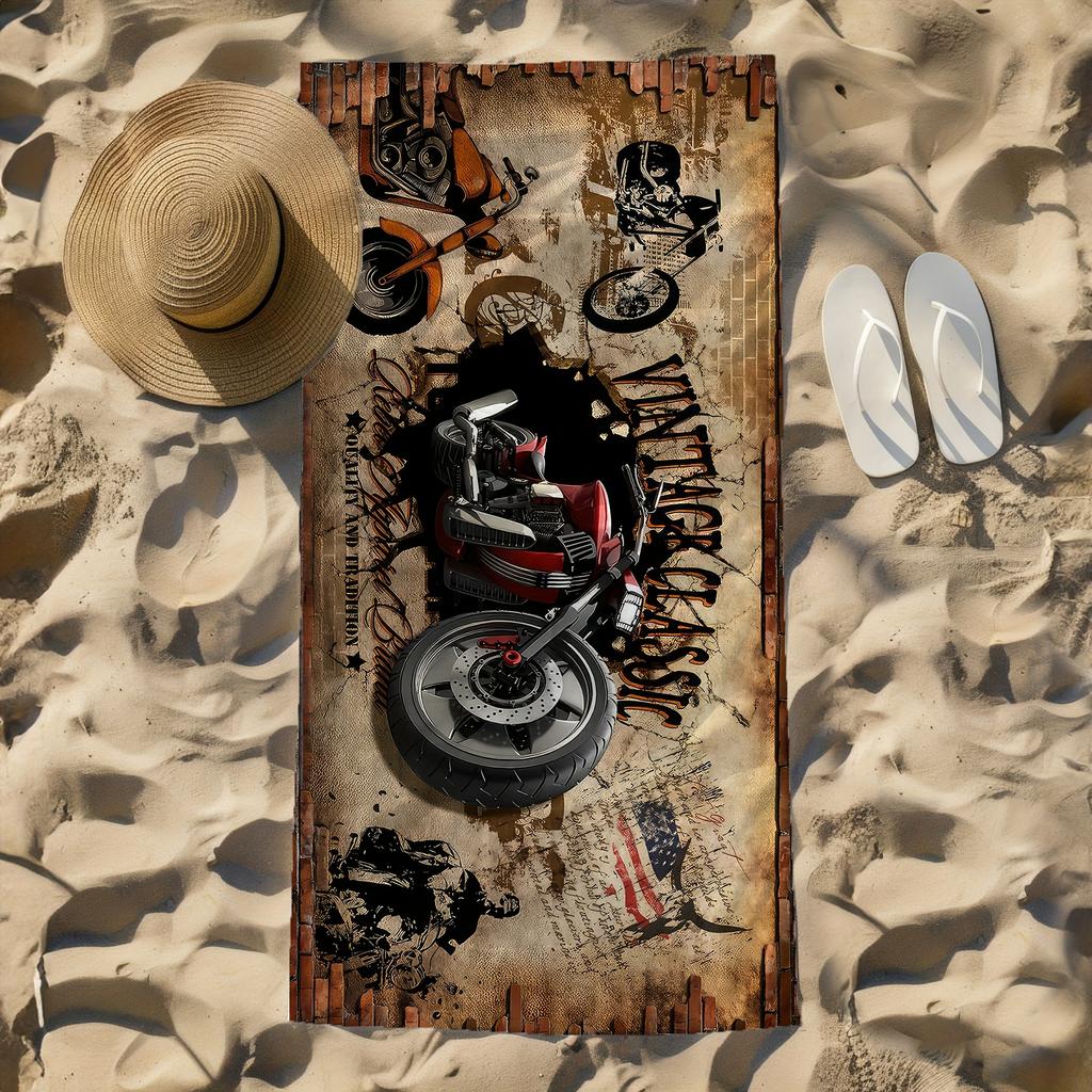 Vintage Klassisches Motorrad Print Strandtuch Schnelltrocknend Mikrofaser Sandfrei Saugfähig Waschbar für Biker Pool Reisen
